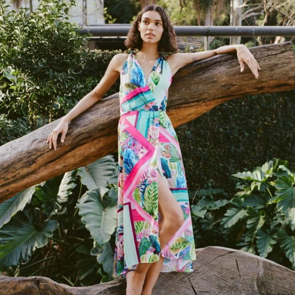 Zara Satin Effect Tropical Scarf Print Midi Dress